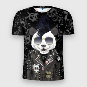 Мужская футболка 3D спортивная с принтом Панда в косухе в Петрозаводске, 100% полиэстер с улучшенными характеристиками | приталенный силуэт, круглая горловина, широкие плечи, сужается к линии бедра | anarchy | bear | color | cool | icon | jacket | mohawk | music | panda | piercing | punk | purple | rock | skull | white | аксессуар | анархия | белый | значок | ирокез | круто | куртка | медведь | музыка | одежда | очки | панда | панк |