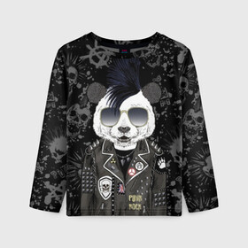 Детский лонгслив 3D с принтом Панда в косухе в Петрозаводске, 100% полиэстер | длинные рукава, круглый вырез горловины, полуприлегающий силуэт
 | anarchy | bear | color | cool | icon | jacket | mohawk | music | panda | piercing | punk | purple | rock | skull | white | аксессуар | анархия | белый | значок | ирокез | круто | куртка | медведь | музыка | одежда | очки | панда | панк |