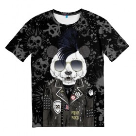 Мужская футболка 3D с принтом Панда в косухе в Петрозаводске, 100% полиэфир | прямой крой, круглый вырез горловины, длина до линии бедер | Тематика изображения на принте: anarchy | bear | color | cool | icon | jacket | mohawk | music | panda | piercing | punk | purple | rock | skull | white | аксессуар | анархия | белый | значок | ирокез | круто | куртка | медведь | музыка | одежда | очки | панда | панк |