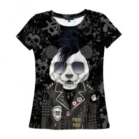 Женская футболка 3D с принтом Панда в косухе в Петрозаводске, 100% полиэфир ( синтетическое хлопкоподобное полотно) | прямой крой, круглый вырез горловины, длина до линии бедер | anarchy | bear | color | cool | icon | jacket | mohawk | music | panda | piercing | punk | purple | rock | skull | white | аксессуар | анархия | белый | значок | ирокез | круто | куртка | медведь | музыка | одежда | очки | панда | панк |