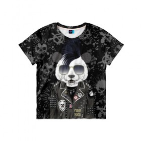 Детская футболка 3D с принтом Панда в косухе в Петрозаводске, 100% гипоаллергенный полиэфир | прямой крой, круглый вырез горловины, длина до линии бедер, чуть спущенное плечо, ткань немного тянется | anarchy | bear | color | cool | icon | jacket | mohawk | music | panda | piercing | punk | purple | rock | skull | white | аксессуар | анархия | белый | значок | ирокез | круто | куртка | медведь | музыка | одежда | очки | панда | панк |