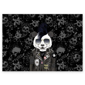 Поздравительная открытка с принтом Панда в косухе в Петрозаводске, 100% бумага | плотность бумаги 280 г/м2, матовая, на обратной стороне линовка и место для марки
 | anarchy | bear | color | cool | icon | jacket | mohawk | music | panda | piercing | punk | purple | rock | skull | white | аксессуар | анархия | белый | значок | ирокез | круто | куртка | медведь | музыка | одежда | очки | панда | панк |