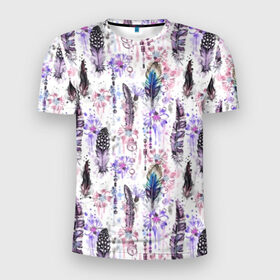 Мужская футболка 3D спортивная с принтом Акварельные перья в Петрозаводске, 100% полиэстер с улучшенными характеристиками | приталенный силуэт, круглая горловина, широкие плечи, сужается к линии бедра | beads | bird | blue | boho | bright | circles | color | dots | ethnic | feathers | flower | hippie | illustration | ma | pink | purple | watercolor | акварель | бохо | бусы | василек | иллюстрация | круги | лиловый | перья | птичьи | розовый | с