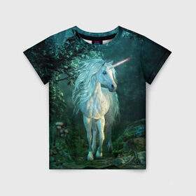 Детская футболка 3D с принтом Единорог в Петрозаводске, 100% гипоаллергенный полиэфир | прямой крой, круглый вырез горловины, длина до линии бедер, чуть спущенное плечо, ткань немного тянется | animal | beautiful | blue | fantasy | green | hooves | horn | horse | magi | mushrooms | nature | night | unicorn | white | белый | волшебство | грибы | грива | единорог | животное | зеленый | иллюстрация | копыта | лес | лошадь | мифология | но