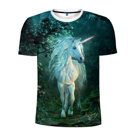 Мужская футболка 3D спортивная с принтом Единорог в Петрозаводске, 100% полиэстер с улучшенными характеристиками | приталенный силуэт, круглая горловина, широкие плечи, сужается к линии бедра | Тематика изображения на принте: animal | beautiful | blue | fantasy | green | hooves | horn | horse | magi | mushrooms | nature | night | unicorn | white | белый | волшебство | грибы | грива | единорог | животное | зеленый | иллюстрация | копыта | лес | лошадь | мифология | но