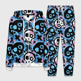 Мужской костюм 3D с принтом Черепа в Петрозаводске, 100% полиэстер | Манжеты и пояс оформлены тканевой резинкой, двухслойный капюшон со шнурком для регулировки, карманы спереди | black | blue | crosses | graffiti | halloween | ornament | pattern | pink | skull | white | белый | граффити | кресты | орнамент | розовый | синий | узор | хэллоуин | черепа | черный