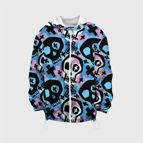 Детская куртка 3D с принтом Черепа в Петрозаводске, 100% полиэстер | застежка — молния, подол и капюшон оформлены резинкой с фиксаторами, по бокам — два кармана без застежек, один потайной карман на груди, плотность верхнего слоя — 90 г/м2; плотность флисового подклада — 260 г/м2 | black | blue | crosses | graffiti | halloween | ornament | pattern | pink | skull | white | белый | граффити | кресты | орнамент | розовый | синий | узор | хэллоуин | черепа | черный