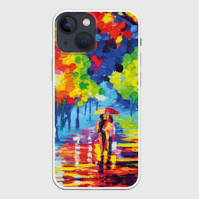 Чехол для iPhone 13 mini с принтом Осенний бульвар в Петрозаводске,  |  | art | blue | couple | green | lovers | orange | street | tree | umbrella | yellow | влюбленные | дерево | дождь | желтый | зеленый | зонт | искусство | картина | краски | красный | листья | масло | о | оранжевый | осенний | отражение