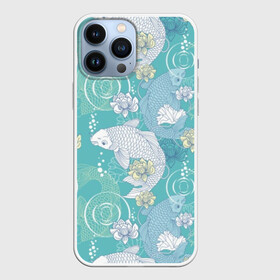 Чехол для iPhone 13 Pro Max с принтом Карпы Кои в Петрозаводске,  |  | blue | bubbles | carp koi | fauna | fin | fish | flora | flower | green | japan | japanese | lake | lotus | plant | pond | scales | tail | water | white | белый | вода | зелёный | карп кои | лотос | озеро | плавник | пруд | пузыри | растение | р