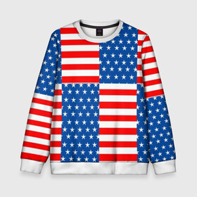 Детский свитшот 3D с принтом США в Петрозаводске, 100% полиэстер | свободная посадка, прямой крой, мягкая тканевая резинка на рукавах и понизу свитшота | Тематика изображения на принте: flag | stars | usa | usa flag | америка | американский флаг | звезды | надписи | полосы | сша | флаг | флаг сша