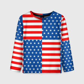 Детский лонгслив 3D с принтом США в Петрозаводске, 100% полиэстер | длинные рукава, круглый вырез горловины, полуприлегающий силуэт
 | Тематика изображения на принте: flag | stars | usa | usa flag | америка | американский флаг | звезды | надписи | полосы | сша | флаг | флаг сша