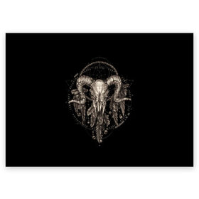 Поздравительная открытка с принтом Овен в ловце снов в Петрозаводске, 100% бумага | плотность бумаги 280 г/м2, матовая, на обратной стороне линовка и место для марки
 | aries | black | charm | cobweb | dream catcher | ethnic | feathers | goat | horns | mystic | national | ram | skeleton | skull | taurus | totem | баран | гороскоп | знак зодиака | козел | ловец снов | мистика | национальный | оберег | овен | паутина | пер
