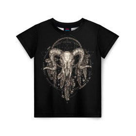 Детская футболка 3D с принтом Овен в ловце снов в Петрозаводске, 100% гипоаллергенный полиэфир | прямой крой, круглый вырез горловины, длина до линии бедер, чуть спущенное плечо, ткань немного тянется | Тематика изображения на принте: aries | black | charm | cobweb | dream catcher | ethnic | feathers | goat | horns | mystic | national | ram | skeleton | skull | taurus | totem | баран | гороскоп | знак зодиака | козел | ловец снов | мистика | национальный | оберег | овен | паутина | пер