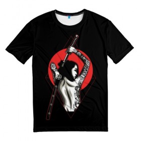 Мужская футболка 3D с принтом Девушка с мечом в Петрозаводске, 100% полиэфир | прямой крой, круглый вырез горловины, длина до линии бедер | beauty | black | brunette | cool | girl | gray | japan | japanese | mafia | red | samurai | sun | sword | tattoo | white | woman | yakuza | young | белый | брюнетка | девушка | женщина | красный | красотка | круто | мафия | меч | молодая | самурайский | с