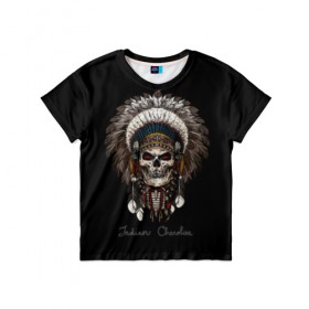 Детская футболка 3D с принтом Череп с роучем в Петрозаводске, 100% гипоаллергенный полиэфир | прямой крой, круглый вырез горловины, длина до линии бедер, чуть спущенное плечо, ткань немного тянется | cherokee | culture | ethnic | feathers | indian | national | navajo | roach | skeleton | skull | traditional | индеец | культура | навахо | национальный | перья | роуч | скелет | традиционный | череп | чероки | этнический