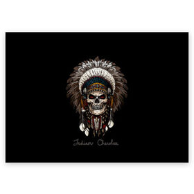 Поздравительная открытка с принтом Череп с роучем в Петрозаводске, 100% бумага | плотность бумаги 280 г/м2, матовая, на обратной стороне линовка и место для марки
 | cherokee | culture | ethnic | feathers | indian | national | navajo | roach | skeleton | skull | traditional | индеец | культура | навахо | национальный | перья | роуч | скелет | традиционный | череп | чероки | этнический