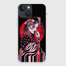 Чехол для iPhone 13 mini с принтом Гейша в Петрозаводске,  |  | beauty | black | bright | character | cool | decorations | flowers | geisha | girl | hairstyle | japan | kimon | lines | red | stripes | woman | young | девушка | женщина | иероглиф | кимоно | красный | красотка | круто | линии | молодая | полосы 