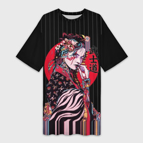 Платье-футболка 3D с принтом Гейша в Петрозаводске,  |  | beauty | black | bright | character | cool | decorations | flowers | geisha | girl | hairstyle | japan | kimon | lines | red | stripes | woman | young | девушка | женщина | иероглиф | кимоно | красный | красотка | круто | линии | молодая | полосы 
