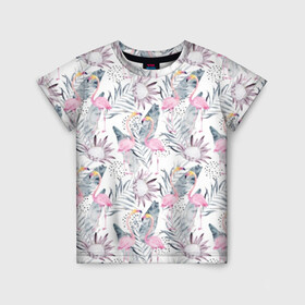 Детская футболка 3D с принтом Фламинго в Петрозаводске, 100% гипоаллергенный полиэфир | прямой крой, круглый вырез горловины, длина до линии бедер, чуть спущенное плечо, ткань немного тянется | abstraction | beak | bird | fauna | feathers | flamingo | flora | flower | happiness | jungle | leaves | nature | pink | tropical | tropics | white | yellow | абстракция | белый | джунгли | желтый | клюв | листья | перья | природа | птица | розовый | счас