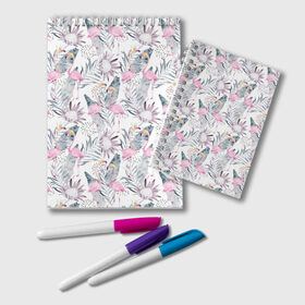 Блокнот с принтом Фламинго в Петрозаводске, 100% бумага | 48 листов, плотность листов — 60 г/м2, плотность картонной обложки — 250 г/м2. Листы скреплены удобной пружинной спиралью. Цвет линий — светло-серый
 | Тематика изображения на принте: abstraction | beak | bird | fauna | feathers | flamingo | flora | flower | happiness | jungle | leaves | nature | pink | tropical | tropics | white | yellow | абстракция | белый | джунгли | желтый | клюв | листья | перья | природа | птица | розовый | счас