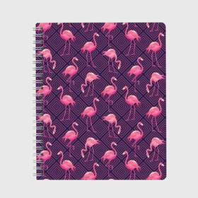 Тетрадь с принтом Фламинго в Петрозаводске, 100% бумага | 48 листов, плотность листов — 60 г/м2, плотность картонной обложки — 250 г/м2. Листы скреплены сбоку удобной пружинной спиралью. Уголки страниц и обложки скругленные. Цвет линий — светло-серый
 | abstraction | beak | bird | fauna | feathers | flamingo | flora | geometry | happiness | nature | pink | purple | tropical | tropics | абстракция | геометрия | клюв | перья | природа | птица | розовый | счастье | тропики | тропический | фауна | фиолетовый