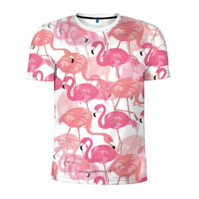Мужская футболка 3D спортивная с принтом Фламинго в Петрозаводске, 100% полиэстер с улучшенными характеристиками | приталенный силуэт, круглая горловина, широкие плечи, сужается к линии бедра | Тематика изображения на принте: abstraction | beak | bird | coral | fauna | feathers | flamingo | flora | happiness | jungle | leaves | nature | pink | tropical | tropics | white | абстракция | белый | джунгли | клюв | коралловый | листья | перья | природа | птица | розовый | счастье | 