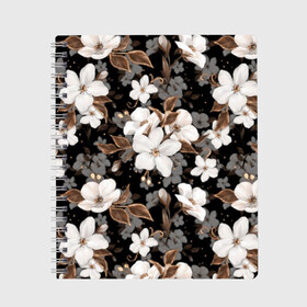Тетрадь с принтом Белые цветы в Петрозаводске, 100% бумага | 48 листов, плотность листов — 60 г/м2, плотность картонной обложки — 250 г/м2. Листы скреплены сбоку удобной пружинной спиралью. Уголки страниц и обложки скругленные. Цвет линий — светло-серый
 | black | bud | cute | flora | flowers | golden | leaves | plant | romance | spring | tenderness | white | yellow | белый | бутон | весна | желтый | золотой | листья | мило | нежность | растение | романтика | флора | цветы | черный