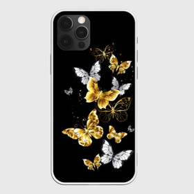 Чехол для iPhone 12 Pro с принтом Золотые бабочки в Петрозаводске, силикон | область печати: задняя сторона чехла, без боковых панелей | airy | black | butterfly | cool | cute | flight | flit | gold | insect | magical | white | wings | yellow | бабочка | белый | воздушный | волшебный | желтый | золото | крылья | милый | насекомое | полёт | порхать | прикольный | черный