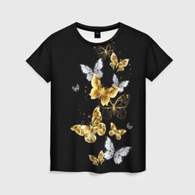 Женская футболка 3D с принтом Золотые бабочки в Петрозаводске, 100% полиэфир ( синтетическое хлопкоподобное полотно) | прямой крой, круглый вырез горловины, длина до линии бедер | airy | black | butterfly | cool | cute | flight | flit | gold | insect | magical | white | wings | yellow | бабочка | белый | воздушный | волшебный | желтый | золото | крылья | милый | насекомое | полёт | порхать | прикольный | черный