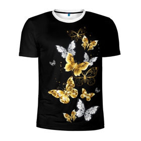 Мужская футболка 3D спортивная с принтом Золотые бабочки в Петрозаводске, 100% полиэстер с улучшенными характеристиками | приталенный силуэт, круглая горловина, широкие плечи, сужается к линии бедра | airy | black | butterfly | cool | cute | flight | flit | gold | insect | magical | white | wings | yellow | бабочка | белый | воздушный | волшебный | желтый | золото | крылья | милый | насекомое | полёт | порхать | прикольный | черный