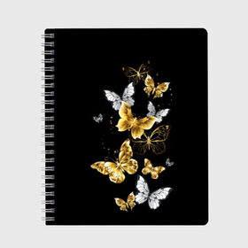 Тетрадь с принтом Золотые бабочки в Петрозаводске, 100% бумага | 48 листов, плотность листов — 60 г/м2, плотность картонной обложки — 250 г/м2. Листы скреплены сбоку удобной пружинной спиралью. Уголки страниц и обложки скругленные. Цвет линий — светло-серый
 | airy | black | butterfly | cool | cute | flight | flit | gold | insect | magical | white | wings | yellow | бабочка | белый | воздушный | волшебный | желтый | золото | крылья | милый | насекомое | полёт | порхать | прикольный | черный