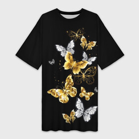 Платье-футболка 3D с принтом Золотые бабочки в Петрозаводске,  |  | airy | black | butterfly | cool | cute | flight | flit | gold | insect | magical | white | wings | yellow | бабочка | белый | воздушный | волшебный | желтый | золото | крылья | милый | насекомое | полёт | порхать | прикольный | черный
