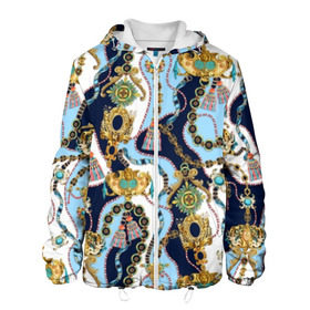 Мужская куртка 3D с принтом Барокко в Петрозаводске, ткань верха — 100% полиэстер, подклад — флис | прямой крой, подол и капюшон оформлены резинкой с фиксаторами, два кармана без застежек по бокам, один большой потайной карман на груди. Карман на груди застегивается на липучку | baroque | blue | chain | decoration | fringe | gold | ribbon | style | vintage | white | барокко | бахрома | белый | винтаж | золото | кисточка | лента | синий | стиль | украшения | цепочка