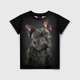 Детская футболка 3D с принтом Французский бульдог в Петрозаводске, 100% гипоаллергенный полиэфир | прямой крой, круглый вырез горловины, длина до линии бедер, чуть спущенное плечо, ткань немного тянется | animal | background | beast | black | breed | bulldog | cool | cute | dog | ears | french | jaw | look | muzzle | portrait | wool | бульдог | взгляд | животное | зверь | милый | пёс | порода | портрет | прикольно | псина | собака | уши | фон | фра