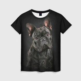 Женская футболка 3D с принтом Французский бульдог в Петрозаводске, 100% полиэфир ( синтетическое хлопкоподобное полотно) | прямой крой, круглый вырез горловины, длина до линии бедер | animal | background | beast | black | breed | bulldog | cool | cute | dog | ears | french | jaw | look | muzzle | portrait | wool | бульдог | взгляд | животное | зверь | милый | пёс | порода | портрет | прикольно | псина | собака | уши | фон | фра