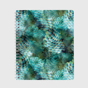 Тетрадь с принтом Чешуя русалки в Петрозаводске, 100% бумага | 48 листов, плотность листов — 60 г/м2, плотность картонной обложки — 250 г/м2. Листы скреплены сбоку удобной пружинной спиралью. Уголки страниц и обложки скругленные. Цвет линий — светло-серый
 | blue | color | fish | gray | green | mermaid | neyad | pattern | scales | sea | siren | skin | turquoise | wallpaper | water | бирюзовый | вода | зеленый | кожа | море | неяда | обои | паттерн | русалка | рыба | серый | сирена | цвет | чешуя