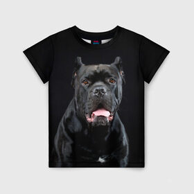 Детская футболка 3D с принтом Черный кан - корсо в Петрозаводске, 100% гипоаллергенный полиэфир | прямой крой, круглый вырез горловины, длина до линии бедер, чуть спущенное плечо, ткань немного тянется | Тематика изображения на принте: animal | background | beast | black | breed | can   corso | cool | cute | dog | ears | fangs | jaw | look | muzzle | portrait | tongue | wool | взгляд | животное | зверь | кан   корсо | клыки | милый | пёс | порода | портрет | прикольно | псина | 