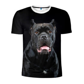 Мужская футболка 3D спортивная с принтом Черный кан - корсо в Петрозаводске, 100% полиэстер с улучшенными характеристиками | приталенный силуэт, круглая горловина, широкие плечи, сужается к линии бедра | animal | background | beast | black | breed | can   corso | cool | cute | dog | ears | fangs | jaw | look | muzzle | portrait | tongue | wool | взгляд | животное | зверь | кан   корсо | клыки | милый | пёс | порода | портрет | прикольно | псина | 
