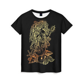 Женская футболка 3D с принтом Золотая русалка с зеркалом в Петрозаводске, 100% полиэфир ( синтетическое хлопкоподобное полотно) | прямой крой, круглый вырез горловины, длина до линии бедер | Тематика изображения на принте: 