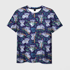 Мужская футболка 3D с принтом Фиолетовые коалы в Петрозаводске, 100% полиэфир | прямой крой, круглый вырез горловины, длина до линии бедер | animal | australia | baby | bear | blue | color | cute | exotic | green | illustration | koala | pattern | purple | vector | young | австралия | вектор | ветка | детеныш | животное | зеленый | иллюстрация | коала | листья | малыш | медведь | мил