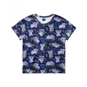 Детская футболка 3D с принтом Фиолетовые коалы в Петрозаводске, 100% гипоаллергенный полиэфир | прямой крой, круглый вырез горловины, длина до линии бедер, чуть спущенное плечо, ткань немного тянется | animal | australia | baby | bear | blue | color | cute | exotic | green | illustration | koala | pattern | purple | vector | young | австралия | вектор | ветка | детеныш | животное | зеленый | иллюстрация | коала | листья | малыш | медведь | мил