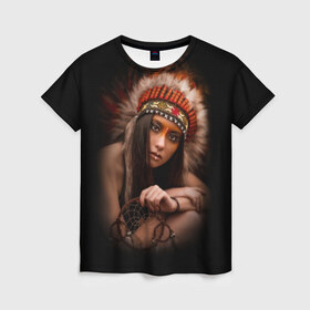 Женская футболка 3D с принтом Индейская девушка в Петрозаводске, 100% полиэфир ( синтетическое хлопкоподобное полотно) | прямой крой, круглый вырез горловины, длина до линии бедер | american | beauty | body | costume | dark | ethnic | face | girl | hair | look | national | nature | race | shaman | взгляд | волосы | девушка | женщина | индейский | индейцы | кор | костюм | краснокожий | красный | красота | лицо | ловец снов | макияж | 