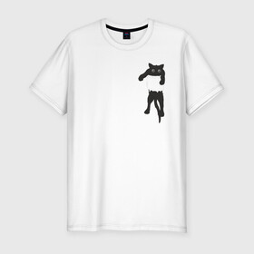 Мужская футболка хлопок Slim с принтом Кися в кармане в Петрозаводске, 92% хлопок, 8% лайкра | приталенный силуэт, круглый вырез ворота, длина до линии бедра, короткий рукав | cat | арт | животные | карман | кися | кот | кот в кармане | котенок | коты | кошка
