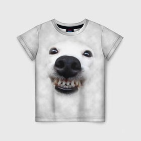 Детская футболка 3D с принтом Собака - улыбака в Петрозаводске, 100% гипоаллергенный полиэфир | прямой крой, круглый вырез горловины, длина до линии бедер, чуть спущенное плечо, ткань немного тянется | животные | зубы | мордочка | пес | прикол | смешная | собака | улыбака | улыбка | щенок | юмор