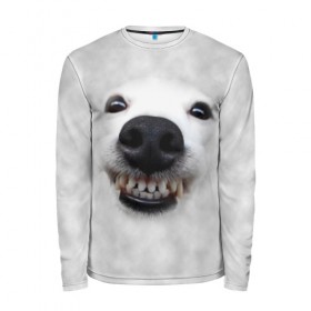 Мужской лонгслив 3D с принтом Собака - улыбака в Петрозаводске, 100% полиэстер | длинные рукава, круглый вырез горловины, полуприлегающий силуэт | животные | зубы | мордочка | пес | прикол | смешная | собака | улыбака | улыбка | щенок | юмор