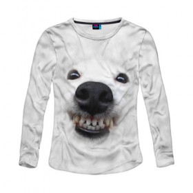 Женский лонгслив 3D с принтом Собака - улыбака в Петрозаводске, 100% полиэстер | длинные рукава, круглый вырез горловины, полуприлегающий силуэт | животные | зубы | мордочка | пес | прикол | смешная | собака | улыбака | улыбка | щенок | юмор