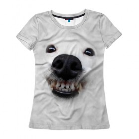 Женская футболка 3D с принтом Собака - улыбака в Петрозаводске, 100% полиэфир ( синтетическое хлопкоподобное полотно) | прямой крой, круглый вырез горловины, длина до линии бедер | животные | зубы | мордочка | пес | прикол | смешная | собака | улыбака | улыбка | щенок | юмор