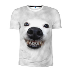 Мужская футболка 3D спортивная с принтом Собака - улыбака в Петрозаводске, 100% полиэстер с улучшенными характеристиками | приталенный силуэт, круглая горловина, широкие плечи, сужается к линии бедра | Тематика изображения на принте: животные | зубы | мордочка | пес | прикол | смешная | собака | улыбака | улыбка | щенок | юмор