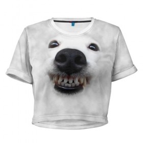 Женская футболка Cropp-top с принтом Собака - улыбака в Петрозаводске, 100% полиэстер | круглая горловина, длина футболки до линии талии, рукава с отворотами | животные | зубы | мордочка | пес | прикол | смешная | собака | улыбака | улыбка | щенок | юмор