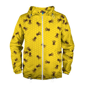 Мужская ветровка 3D с принтом Пчелы в сотах в Петрозаводске, 100% полиэстер | подол и капюшон оформлены резинкой с фиксаторами, два кармана без застежек по бокам, один потайной карман на груди | bee | beehive | brown | bug | honey | honeycomb | insect | toiler | yellow | букашка | желтый | коричневый | мёд | насекомое | пчела | соты | труженик | улей